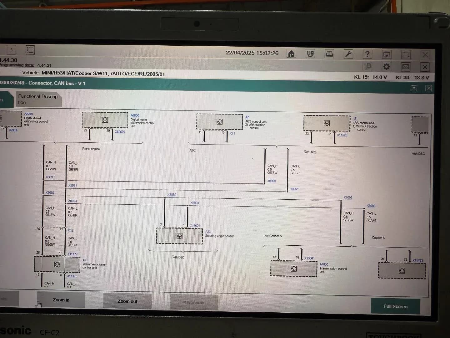 MINI Cooper R53 CAN bus wiring diagram on a workshop diagnostic screen
